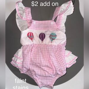 Pink Gingham Baby Romper with Balloon Embroidery, Ruffles